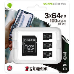 Kingston Micro SDXC Canvas Select Plus 100R, 64GB, Clasa 10, UHS-I + Adaptor, 3 Pieces
