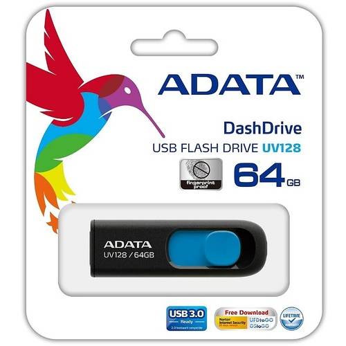 Memorie USB A-DATA UV128, 64GB, USB 3.0, Negru/Albastru