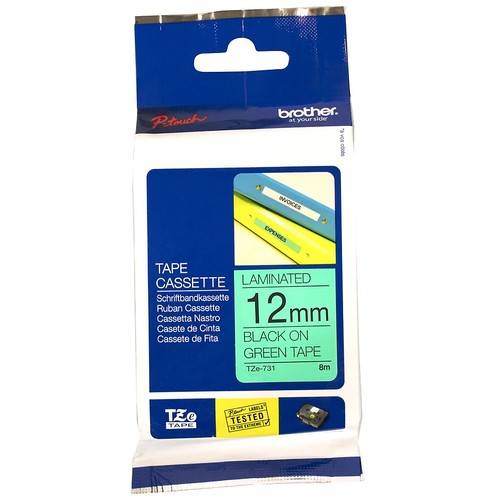 Banda laminata 12mm Brother TZE731, Negru pe Verde