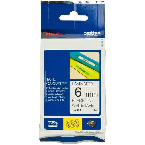 Banda laminata 6mm Brother TZE211, Negru pe Alb