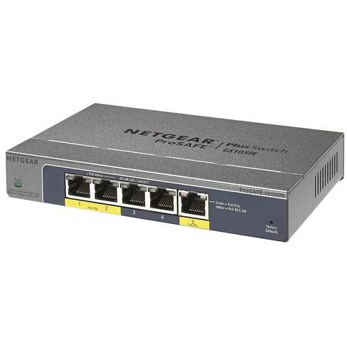 Switch Netgear ProSafe Plus GS105PE, 5 x LAN Gigabyt, 2 x PoE, 1 x PoE PD
