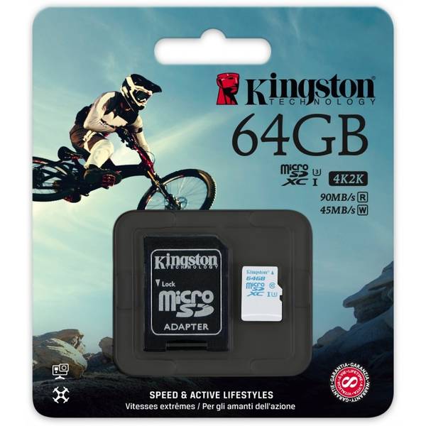 Card Memorie Kingston Action Camera, 64GB, MicroSDHC, Clasa 10 +  Adaptor SD