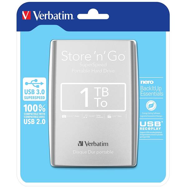 Hard Disk Extern Verbatim Store'n'Go, 1TB, USB 3.0, Argintiu