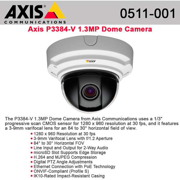 Camera IP AXIS P3384-V, Dome, CMOS, 1.3MP, Alb