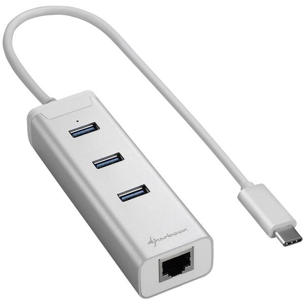 Hub USB Sharkoon 3-Port USB 3.0 Aluminium Hub + RJ45 Ethernet Adapter Type C, 3 x USB 3.0, 1 x RJ-45 Gigabit, Argintiu