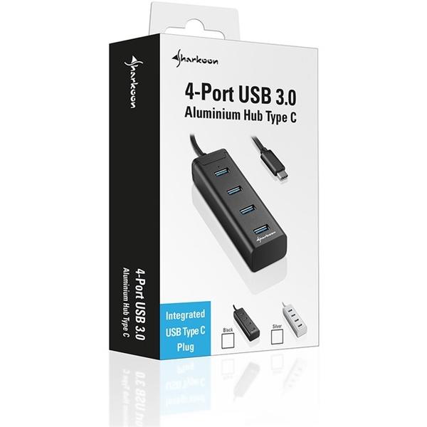 Hub USB Sharkoon 4-Port USB 3.0 Aluminium Hub Type C, 4 x USB 3.0, Negru