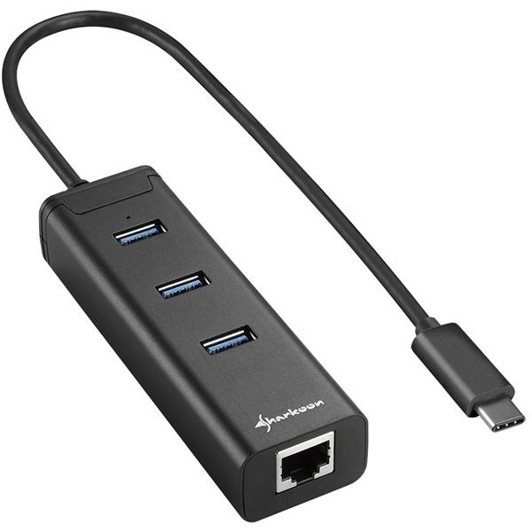 Hub USB Sharkoon 3-Port USB 3.0 Aluminium Hub + RJ45 Ethernet Adapter Type C, 3 x USB 3.0, 1 x RJ-45 Gigabit, Negru