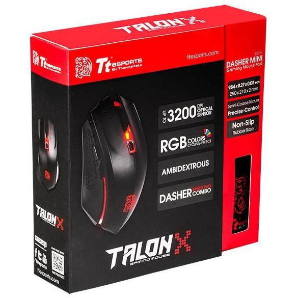 Mouse gaming Thermaltake Tt eSPORTS TALON X Gaming Gear Combo, USB, Optic, 3200dpi, Negru + Mousepad