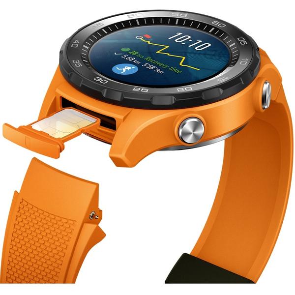 SmartWatch Huawei Watch W2, 1.2'' AMOLED Touch, Quad Core 1.1GHz, 768MB RAM, 4GB, Bluetooth 4.1, 4G/LTE, Curea silicon, Negru/Portocaliu