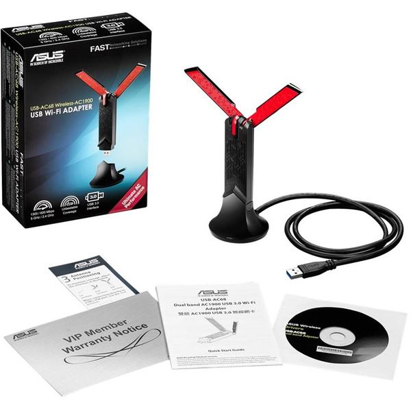 Placa de retea Wireless Asus USB-AC68, Adaptor, USB 3.0, 802.11 a/b/g/n/ac, 600Mbps + 1300Mbps, Dual Band AC1900