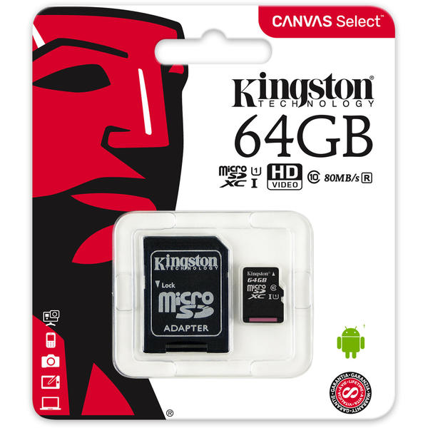 Kingston Canvas Select Micro SDXC, 64GB, Clasa 10, UHS-I U1 + Adaptor SD