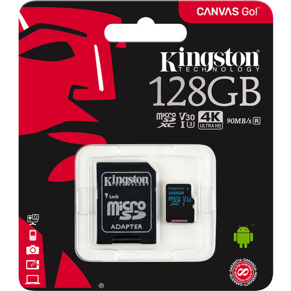 Card Memorie Kingston Canvas Go! Micro SDXC, 128GB, Clasa 10, UHS-I U3 + Adaptor SD