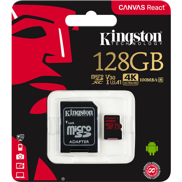 Card Memorie Kingston Canvas React Micro SDXC, 128GB, Clasa 10, UHS-I U3 + Adaptor SD
