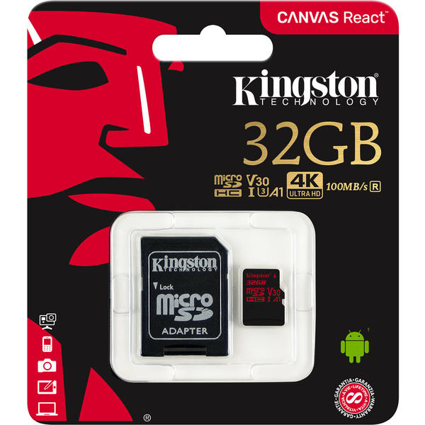 Card Memorie Kingston Canvas React Micro SDHC, 32GB, Clasa 10, UHS-I U3 + Adaptor SD