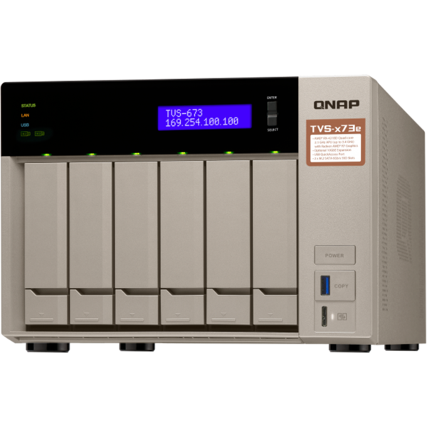 NAS Qnap TVS-673e, AMD R-Series RX-421BD 2.1GHz, 8GB DDR4, 512MB, 6 Bay, 4 x USB 3.0, 4 x LAN, 2 x HDMI, 2 x M.2