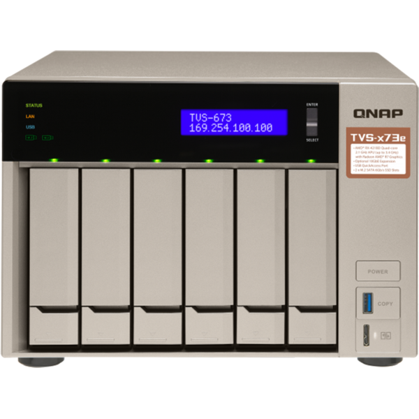 NAS Qnap TVS-673e, AMD R-Series RX-421BD 2.1GHz, 8GB DDR4, 512MB, 6 Bay, 4 x USB 3.0, 4 x LAN, 2 x HDMI, 2 x M.2