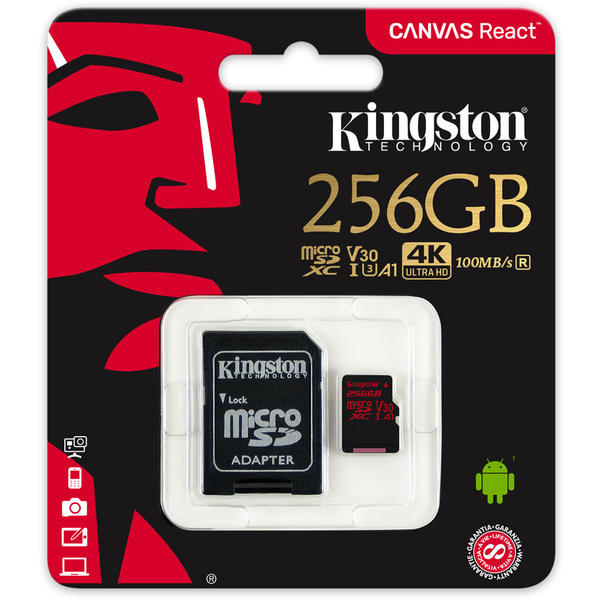 Card Memorie Kingston Canvas React Micro SDXC, 256GB, Clasa 10, UHS-I U3 + Adaptor SD
