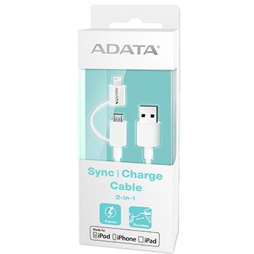 Cablu de date, Incarcator A-DATA USB Male la microUSB Male + adaptor Lightning Male, Alb