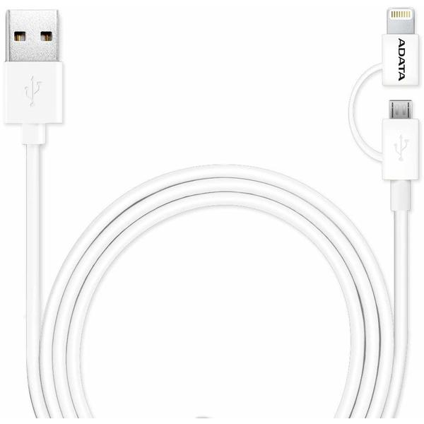 Cablu de date, Incarcator A-DATA USB Male la microUSB Male + adaptor Lightning Male, Alb