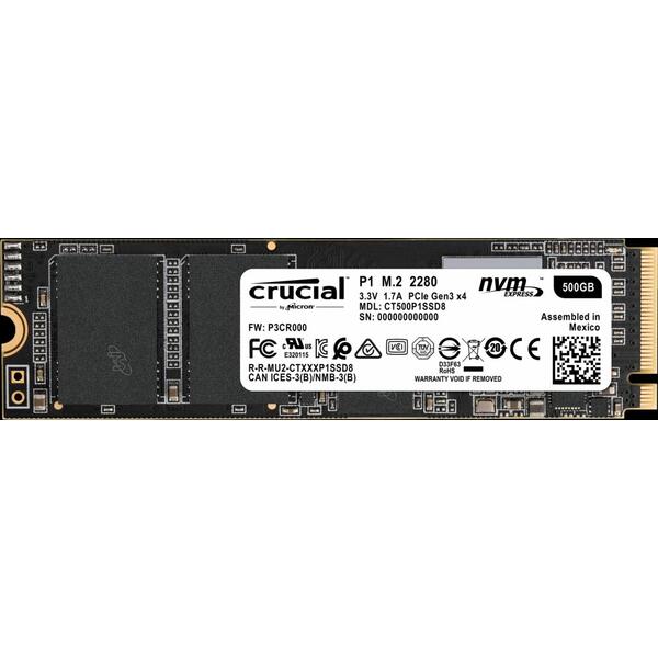 SSD Crucial P1, 500GB, PCIe NVMe Gen 3, M.2 2280