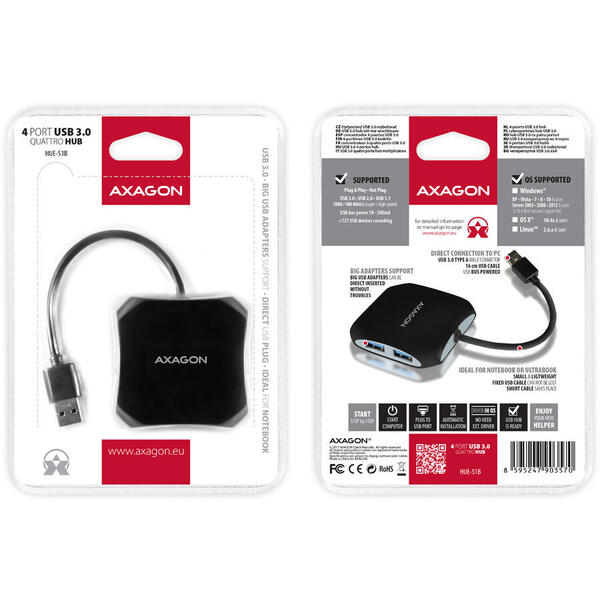 Hub USB AXAGON HUE-S1B, 4x USB3.0 QUATTRO Black