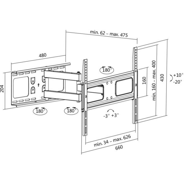 Suport TV Logilink de perete mobil pentru Televizor 37-70 inch, Greutate maxima 50kg Negru