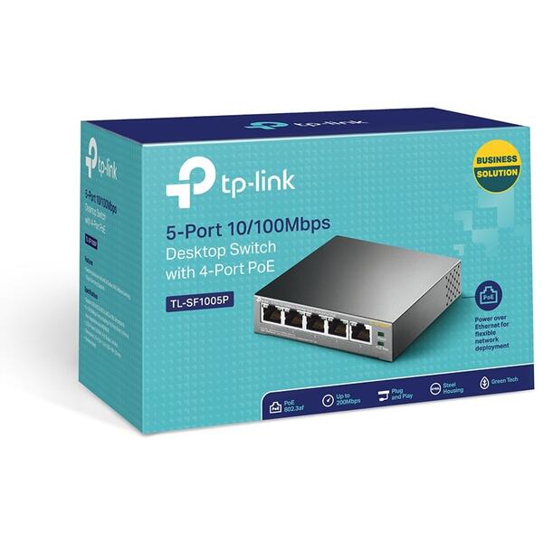 Switch TP-LINK PoE 5 porturi 10/100Mbps, carcasa metalica, TL-SF1005P