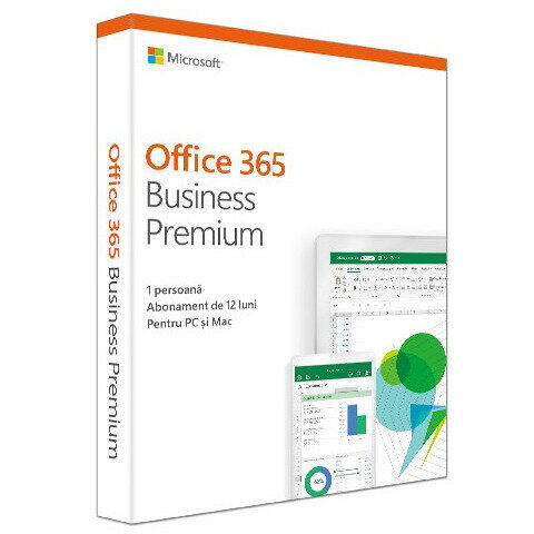 Microsoft Office 365 Business Premium 2019, Engleza, Subscriptie 1 An, Medialess Retail