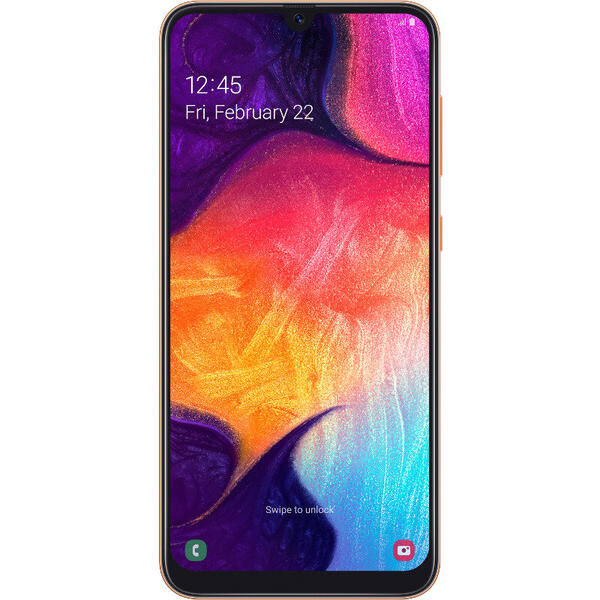 Smartphone Samsung Galaxy A50 (2019), Super AMOLED Full HD+, Octa Core, 128GB, 4GB RAM, Dual SIM, 4G, 4 Camere: 25 mpx+25 mpx+8 mpx+5 mpx, Acumulator 4000mAh, Incarcare rapida, Coral