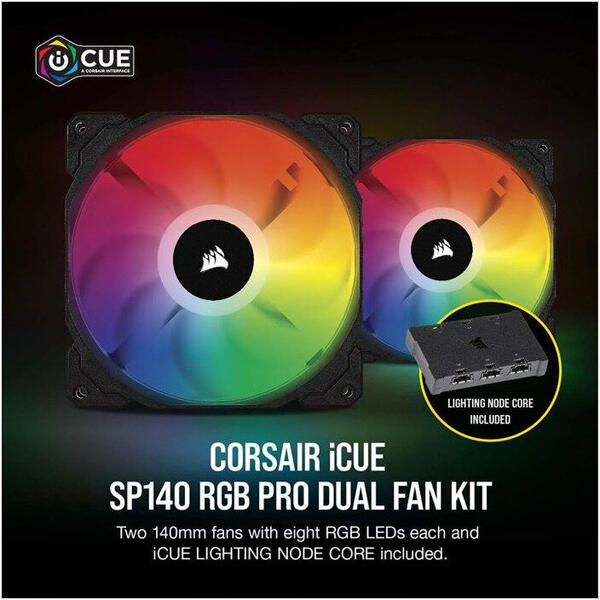 Ventilator PC Corsair iCUE SP140 RGB PRO Performance 140mm Dual Fan Kit cu Lighting Node CORE