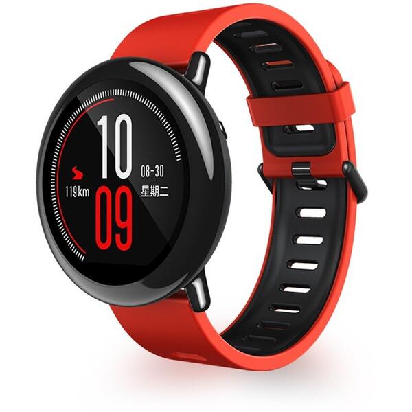 SmartWatch Xiaomi Amazfit Pace, negru, curea silicon rosu-negru, Bluetooth, GPS si senzor HR