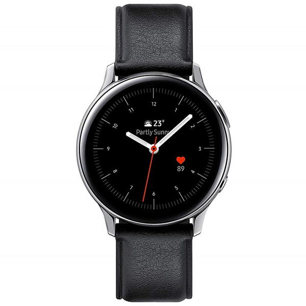 SmartWatch Samsung Galaxy Watch Active 2 (2019), 44 mm, Wi-Fi, Bluetooth, GPS, NFC, Rezistent la apa, Otel argintiu, Curea piele, Negru