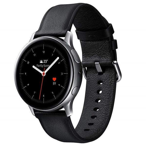 SmartWatch Samsung Galaxy Watch Active 2 (2019), 44 mm, Wi-Fi, Bluetooth, GPS, NFC, Rezistent la apa, Otel argintiu, Curea piele, Negru