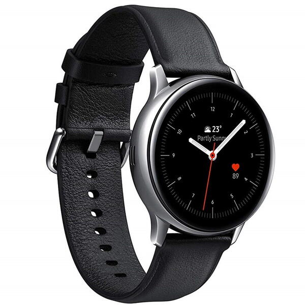 SmartWatch Samsung Galaxy Watch Active 2 (2019), 44 mm, Wi-Fi, Bluetooth, GPS, NFC, Rezistent la apa, Otel argintiu, Curea piele, Negru