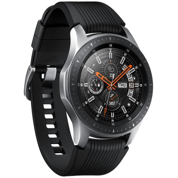 SmartWatch Samsung Galaxy Watch 2018, 46 mm, Wi-Fi, Bluetooth, GPS si NFC, Corp argintiu, Curea silicon negru