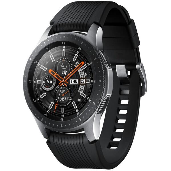 SmartWatch Samsung Galaxy Watch 2018, 46 mm, Wi-Fi, Bluetooth, GPS si NFC, Corp argintiu, Curea silicon negru