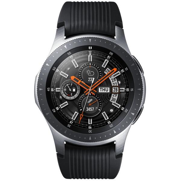 SmartWatch Samsung Galaxy Watch 2018, 46 mm, Wi-Fi, Bluetooth, GPS si NFC, Corp argintiu, Curea silicon negru