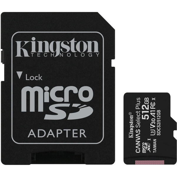 Kingston Canvas Select Plus microSDXC 512GB, Clasa 10 + Adaptor SD