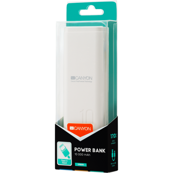 Baterie externa Canyon CNE-CPB010W, 10000mAh, 1x USB, White