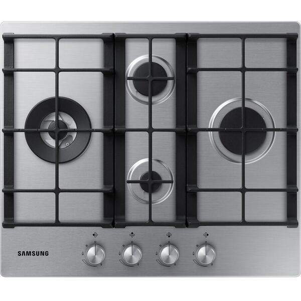 Plita Samsung NA64H3041BS, Gaz, 4 arzatoare, Gratare de fonta, Arzator wok, 10.3 kW, Inox