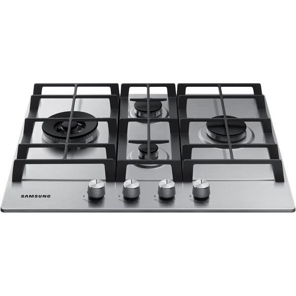 Plita Samsung NA64H3041BS, Gaz, 4 arzatoare, Gratare de fonta, Arzator wok, 10.3 kW, Inox