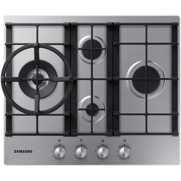 Plita Samsung NA64H3041BS, Gaz, 4 arzatoare, Gratare de fonta, Arzator wok, 10.3 kW, Inox