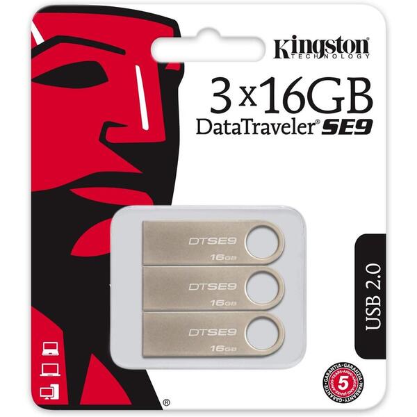 Memorie USB Kingston DataTraveler SE9, 16GB, USB 2.0, Metal Casing, 3 Pieces