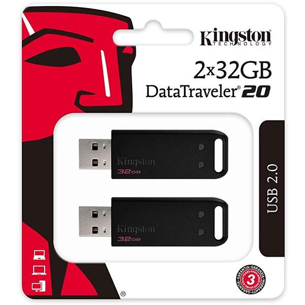 Memorie USB Kingston DataTraveler 20, 32GB, USB 2.0, Black, 2 Pieces