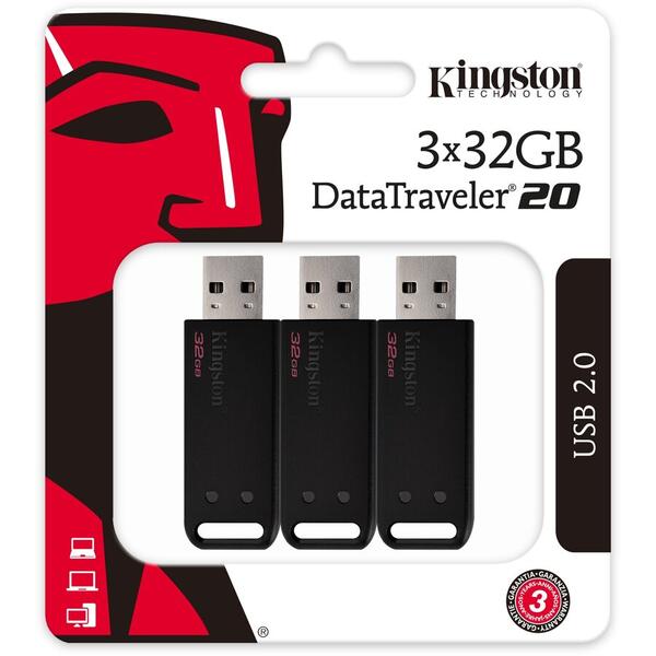 Memorie USB Kingston DataTraveler 20, 32GB, USB 2.0, Black, 3 Pieces