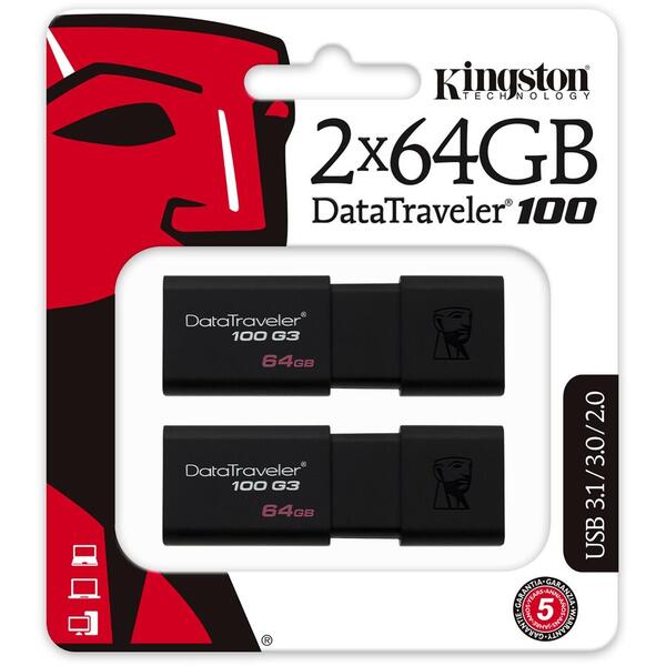Memorie USB Kingston DataTraveler 100 G3, 64GB, USB 3.0, Black, 2 Pieces