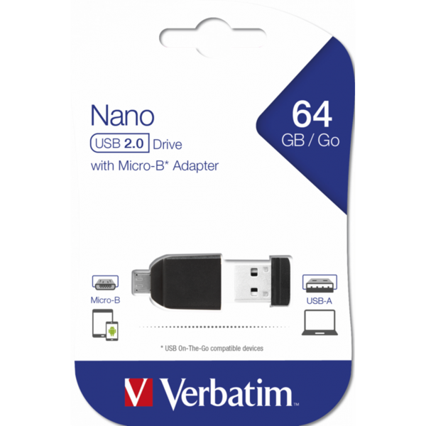 Memorie USB Verbatim Nano + OTG Adapter, 64GB, USB 2.0, Black