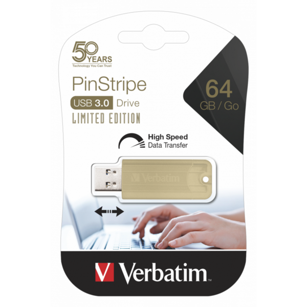 Memorie USB Verbatim PinStripe Anniversary Edition, 64GB, USB 3.0, Gold