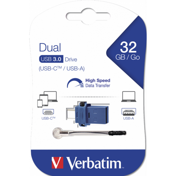 Memorie USB Verbatim Store n go Dual Drive, 32GB, Type-C / USB 3.0, Blue