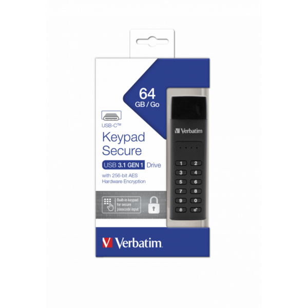 Memorie USB Verbatim Keypad Secure, 64GB, USB 3.1, Black